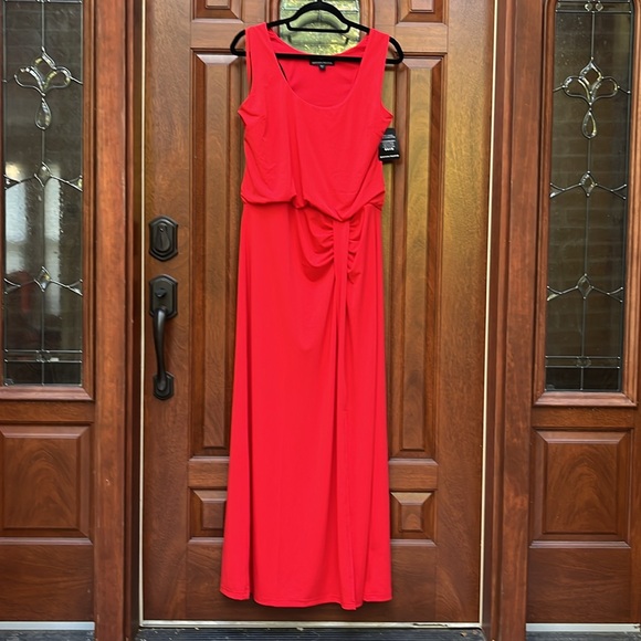 Boston Proper Tomato Red Scoopneck Blouson Slit Ankle Length Dress Sz L - Picture 6 of 9